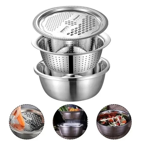 Многофункциональный кухонный набор из нержавеющей стали 3 в 1 Metal Basket Cutter Миска дуршлаг и терка MBC31 фото